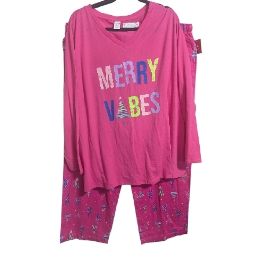 Sleep Chic Women's Pajamas 2X Pink Merry Vibes Long Sleeve Shirt Pants